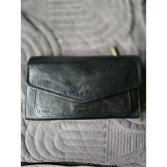 Vintage Fossil Black Pebbled Leather Flap Wallet Organizer Pre-Loved - Picture 1 of 8
